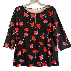 BOSS Hugo Boss Black & Red Ginko Flower Floral 3/4 Sleeve Blouse Size XL